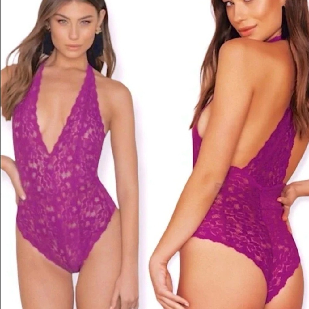 Free People Intimately Avery Orchid Lace Bodysuit Magenta Halter Large